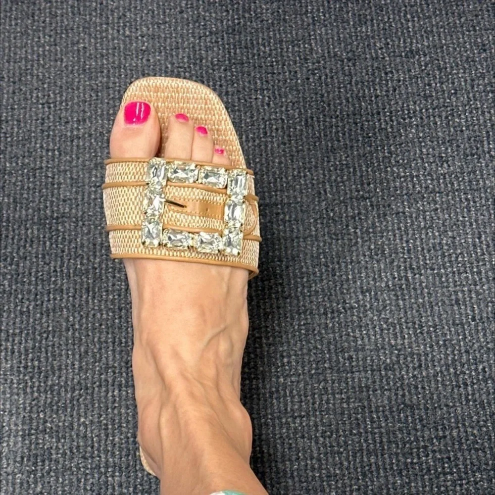 Kelsey Rhinestone Buckle Slide Sandals A New Day Tan Square Toe, Block Heel - Picture 6 of 9